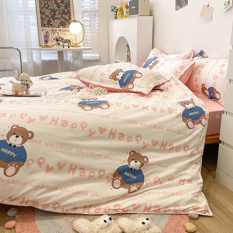 Set Chăn Ga Gấu Happy Ga Tim Hồng Cotton Poly Thoáng Mát Hàng Xuất Nhật (Shinbedding_store)