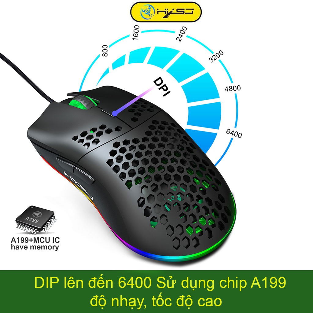 Chuột chơi Game HXJS J900 RGB Lead đổi màu Bề Mặt Lưới Xuyên Thấu Cực Đẹp DPI 6400 chuyên giành cho Game thủ