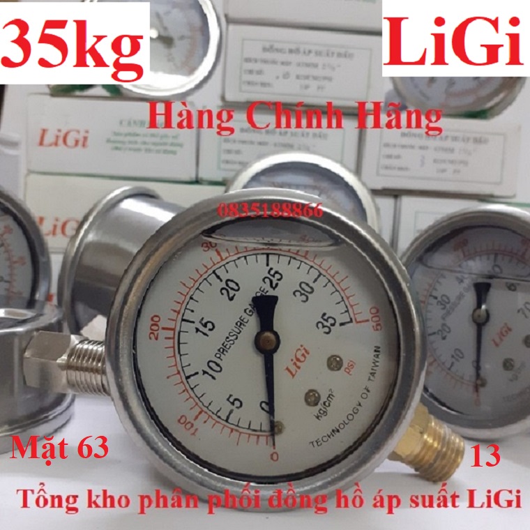 Đồng hồ đo áp suất nước hơi khí nén 35 kg mặt 63 có dầu Ligi