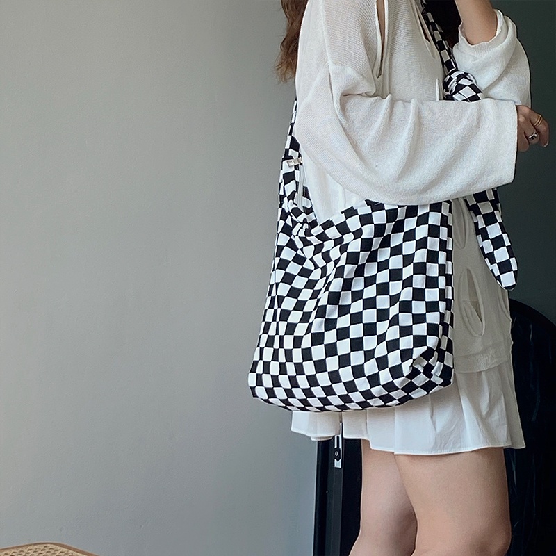 Túi đeo chéo IELGY bằng vải canvas sức chứa lớn họa tiết caro thời trang phong cách Hàn Quốc năng động cho nữ