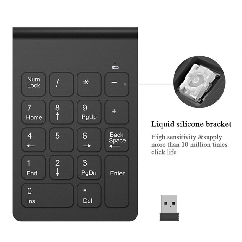 Bàn phím số rời không dây và Bluetooth 5.0 USB 2.4G 18 Phím Mini Numeric Keypad  Kết Nối Không Dây cho laptop/notebook/máy tính bảng