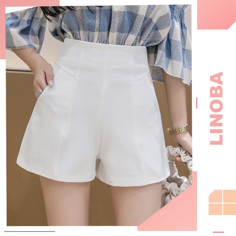 Quần short nữ lưng cao LINOBA, Quần Short Nữ ống rộng cạp cao trắng mặc thoáng mát QS04