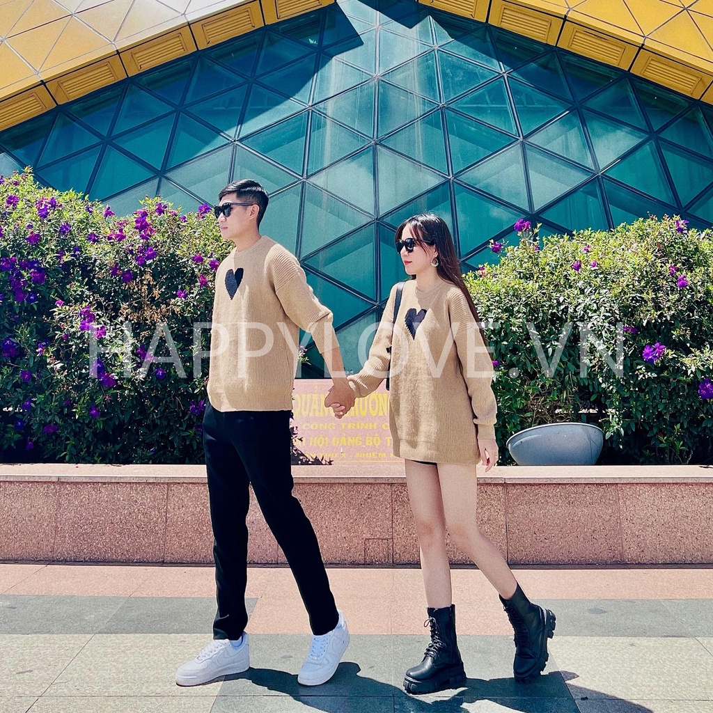 Áo len đôi nam nữ Quảng Châu form rộng màu Nâu hình Trái Tim HAPPYLOVE, Set Áo Đồ Đôi Couple Hàn Quốc Len dày dặn H13