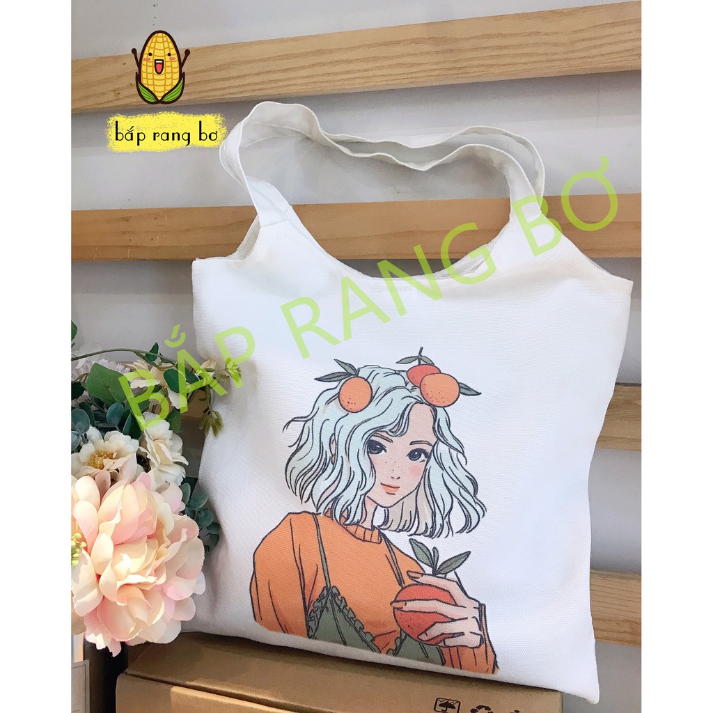 TÚI TOTE ĐEO VAI CÔ GÁI QUẢ CAM FLOWER GIRL (CÓ TÚI CON) - ĐỂ SÁCH A4- VẢI CANVAS QUAI TRÒN