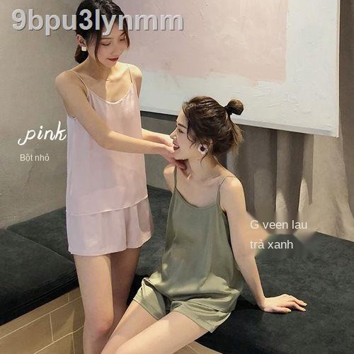 Bộ đồ ngủ nữ sinh mùa hè sexy băng lụa quần lửng hai dây áo vest mặc nhà phiên bản Hàn Quốc