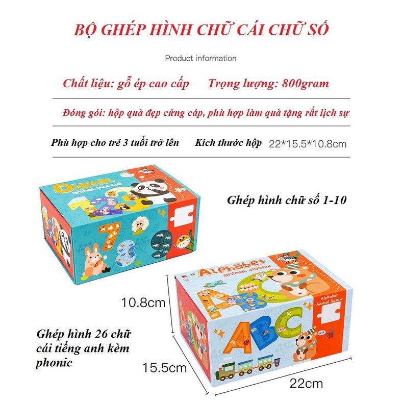 Xếp hình cho bé bộ ghép hình puzzle chữ cái chữ số in hình con vật cao cấp giúp bé chơi và nhớ chữ cái chữ số
