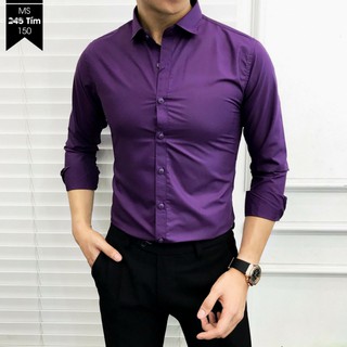 Sơ Mi Nam Dài Tay Màu Tím Chất Liệu Lụa Thái Mịn Mềm Màu Đường May Đẹp