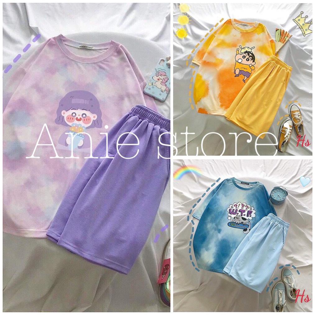 Set Quần Áo Loang Cộc Tay In Hình Kèm Nữ Bộ Áo Quần Cộc nhiều màu tím xanh vàng hồng