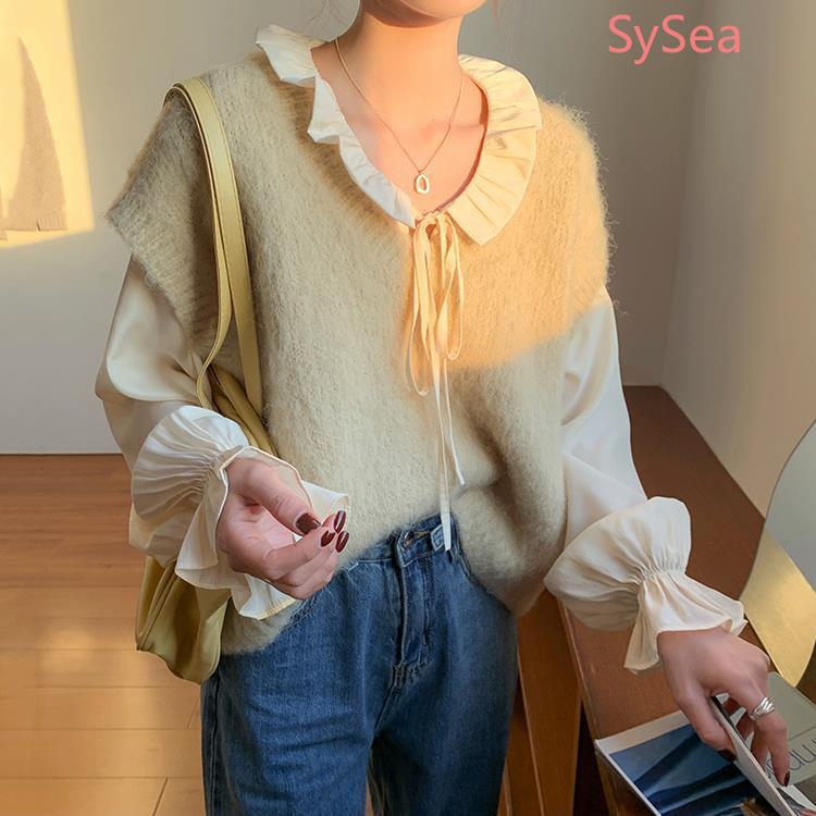 Áo Sơ Mi Voan Tay Dài / Áo Khoác Len Không Tay Thời Trang Cho Nữ