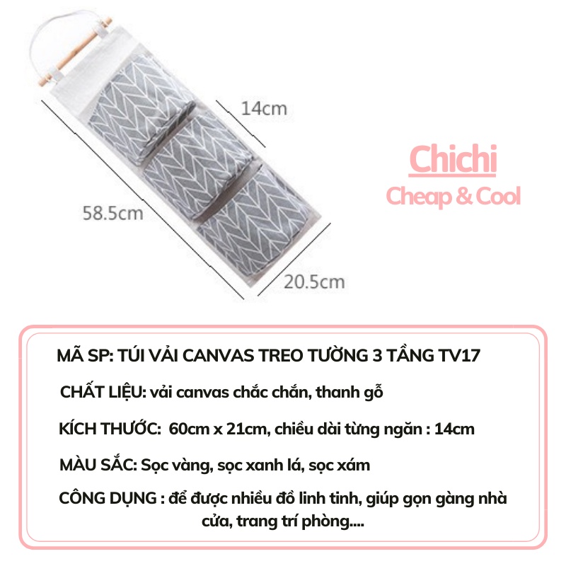 Túi vải canvas treo tường nhiều ngăn 3 tầng đựng đồ cá nhân tiện dụng đa năng ChiChi TV17