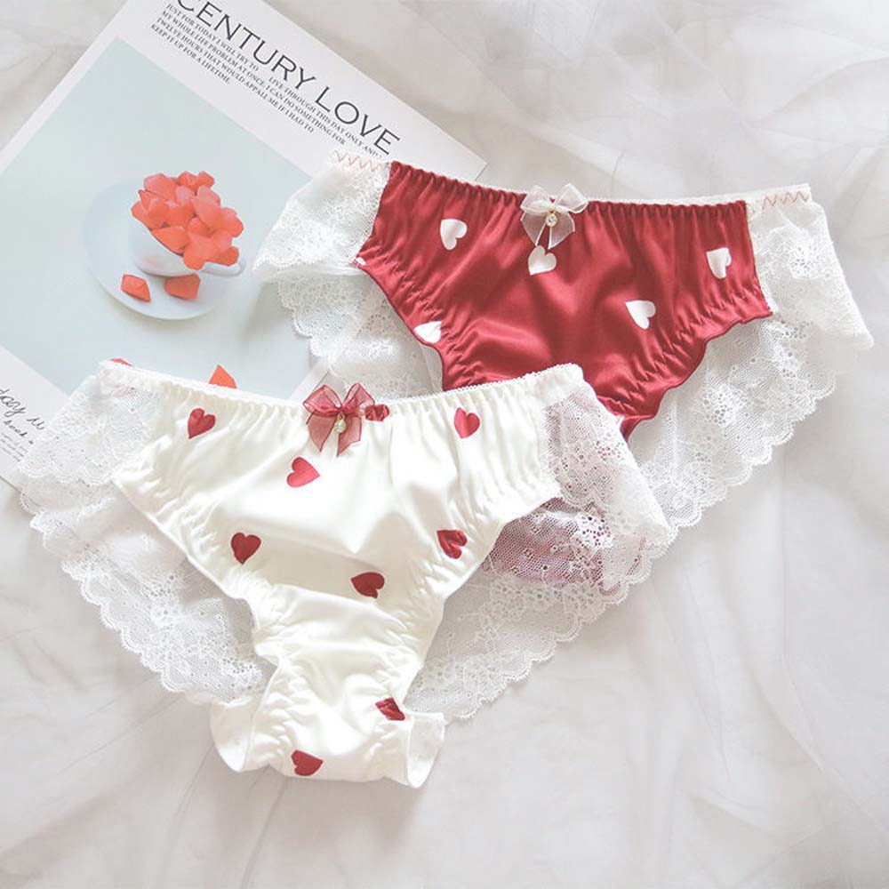 Quần Lót Nữ Vải Satin Phối Ren In Hình Trái Tim Xinh Xắn