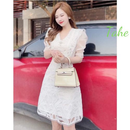 Váy ren thiết kế xòe chữ A cổ V tiểu thư sang chảnh Tahe V53