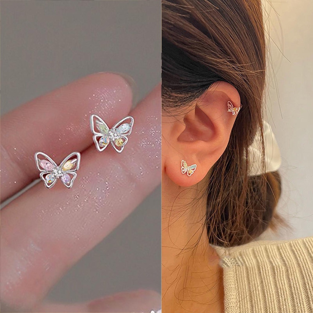 Khuyên Tai Hình Bướm Nhỏ Màu Hồng / Xanh Dương W4Q0