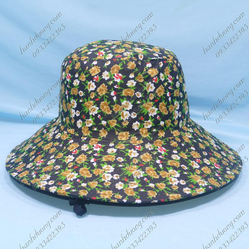 Mũ tai bèo nữ rộng vành 8cm vải cotton họa tiết hoa nhỏ nón tai bèo nữ có dây quai phía dưới giúp giữ nón chặt hơn