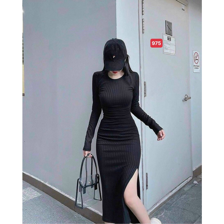 Váy body dài tay, chất thun gân ,váy ôm body xẻ tà mới 2021,hack dáng tôn màu da, Free size từ 38 đến 58kg