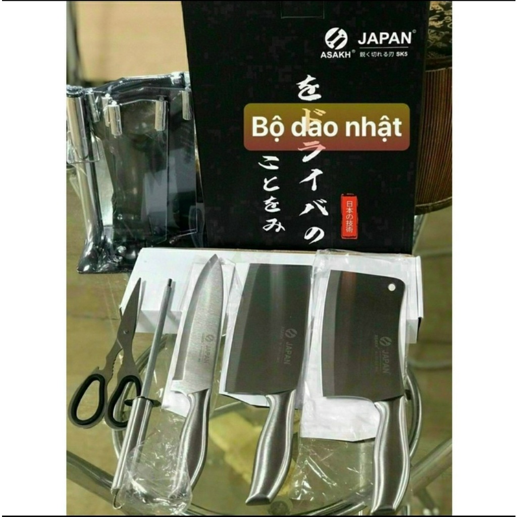 [FREESHIP] Bộ Dao Kéo 6 Món Nhật Bản Inox Đúc Nguyên Khối Cao Cấp Khắc Chữ SEKI JAPAN Có Đế Cắm Làm Từ Thép Không Gỉ.