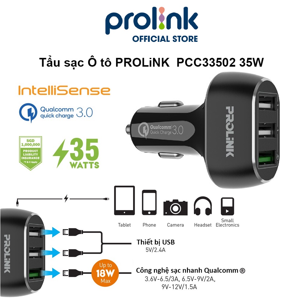 Tẩu sạc Ô tô PROLiNK  PCC33502 35W 3 cổng USB Type A, sạc siêu nhanh QC 3.0, dùng cho iPhone, Samsung, Xiaomi
