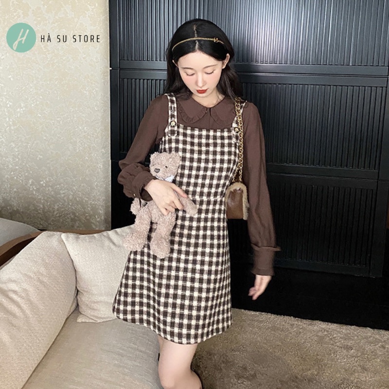 Set Váy Yếm Tiểu Thư Dạ Kẻ Caro Nữ + Áo Sơ Mi Cổ Bèo Dài Tay Hàn Quốc, Hàng loại đẹp (kèm ảnh thật)