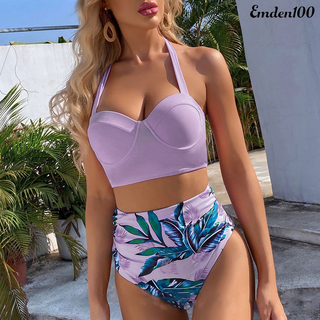 Bộ Bikini 2 Mảnh Hở Lưng Ôm Dáng In Họa Tiết Lá Cây Có Dây Cột