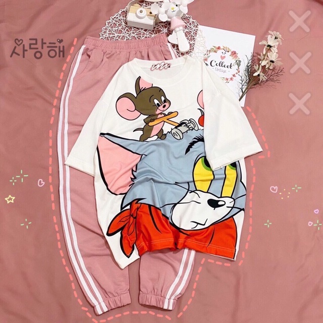 Sét áo hình ngộ nghĩnh + quần bo gấu hồng