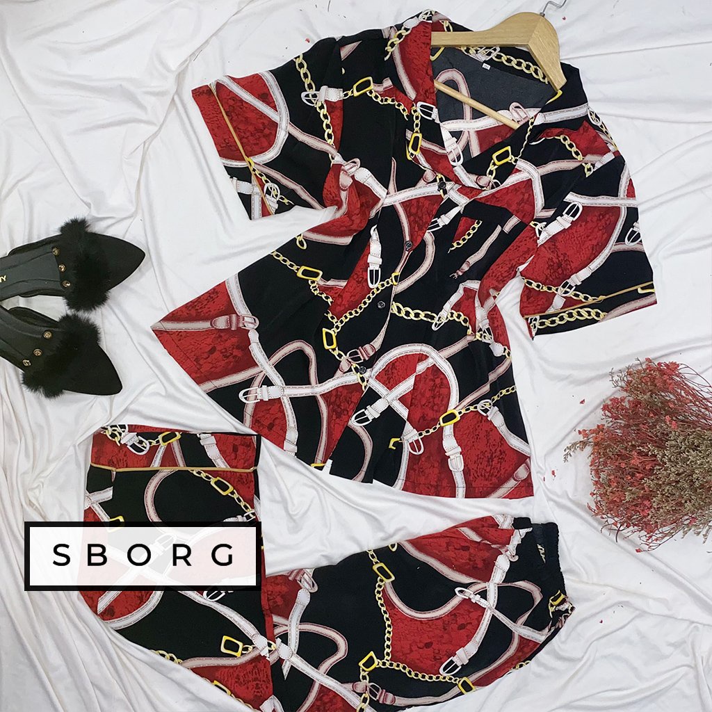 Đồ bộ mặc nhà SBORG bộ pijama nữ lụa hongkong cao cấp tay ngắn hoạ tiết sang trọng phối quần dài có túi bigsize 50-85kg