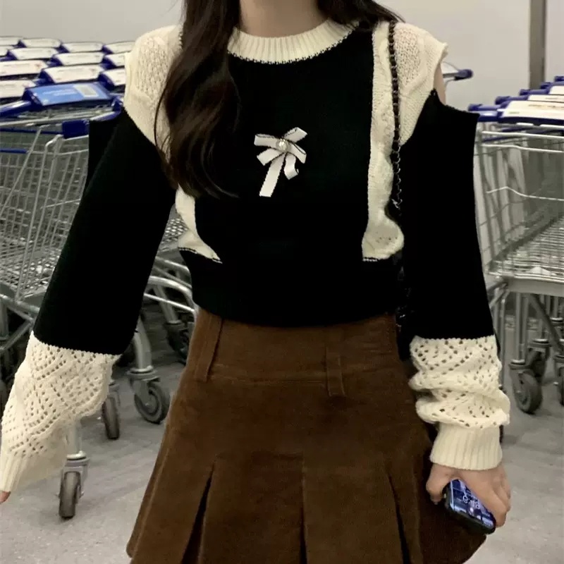 Áo croptop ZHELIHANGFEI dệt kim tay dài hở vai dáng rộng phong cách trẻ trung quyến rũ cho nữ