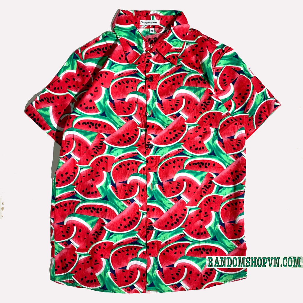 Áo sơ mi trái cây đi biển, sơ mi hoa quả, chất liệu kate làm đồng phục du lịch