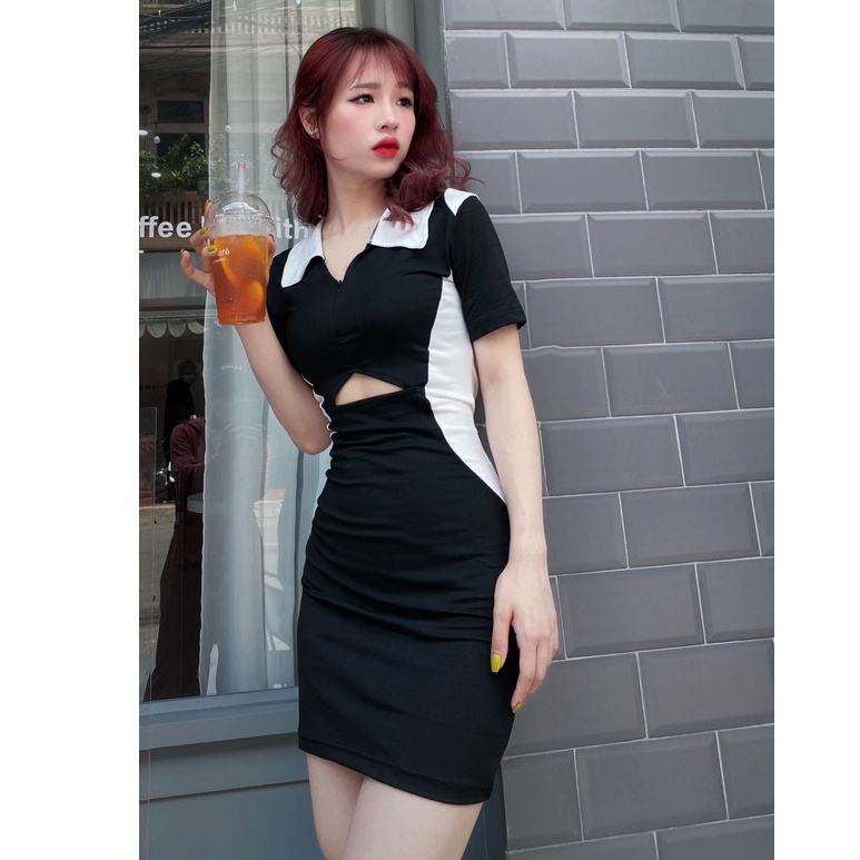 Đầm body phối khoá kéo khoét eo