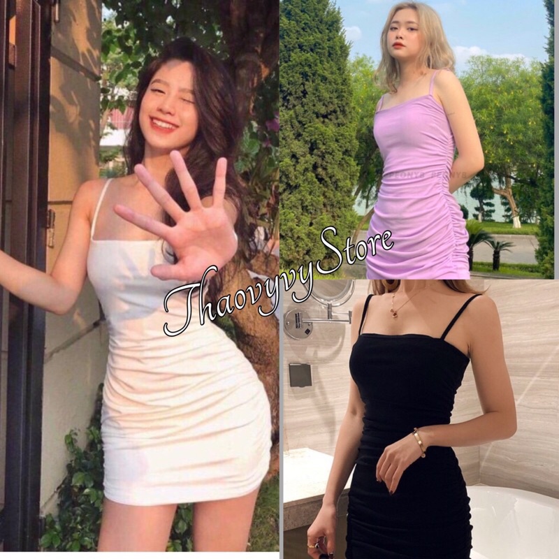 Váy Body 2 Dây Dúm Eo Nữ, 🌼 Thaovystore 🌼, Đầm Trơn Dáng Ôm Co Giãn , Váy 3 Màu ĐEN TRẮNG TÍM SIÊU ĐẸP