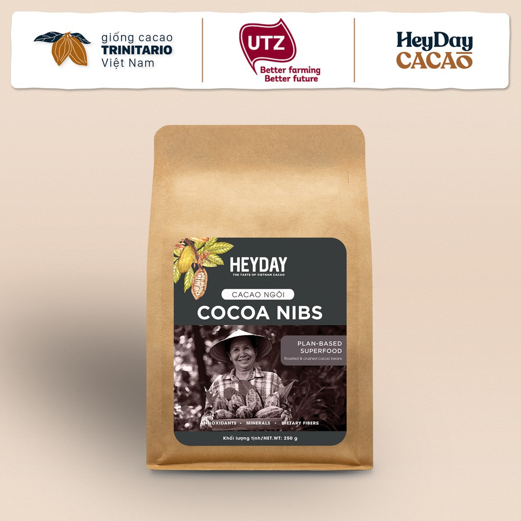 Cacao ngòi được rang tự nhiên HEYDAY CACAO túi 250g