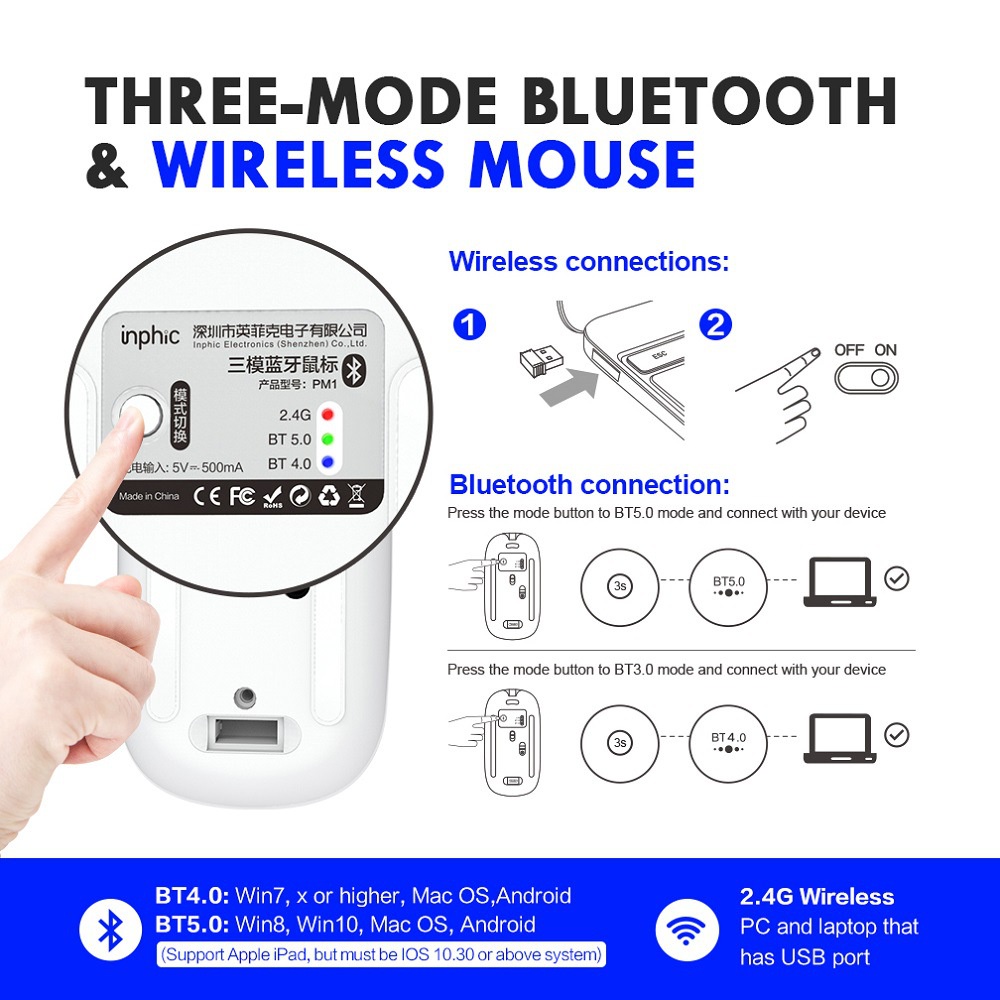 Chuột Bluetooth không dây COD Inphic Chuột im lặng Bộ sạc chuột Công thái học Chuột quang USB 2.4Ghz cho máy tính xách tay Macbook