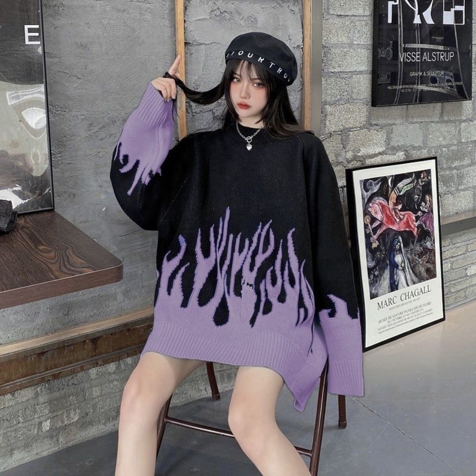 Áo sweater Dệt Kim Dày Dặn Phối Màu Ngọn Lửa Phong Cách Hàn Quốc Thời Trang Thu Đông Cho Nữ