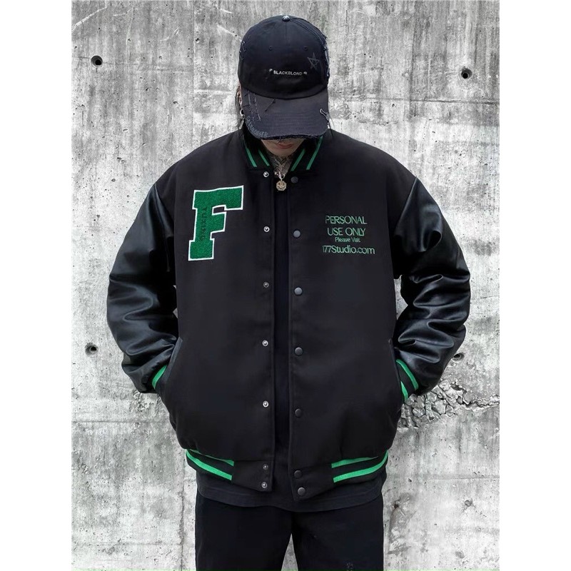 Áo khoác bomber vasity kaki phối tay da thêu F