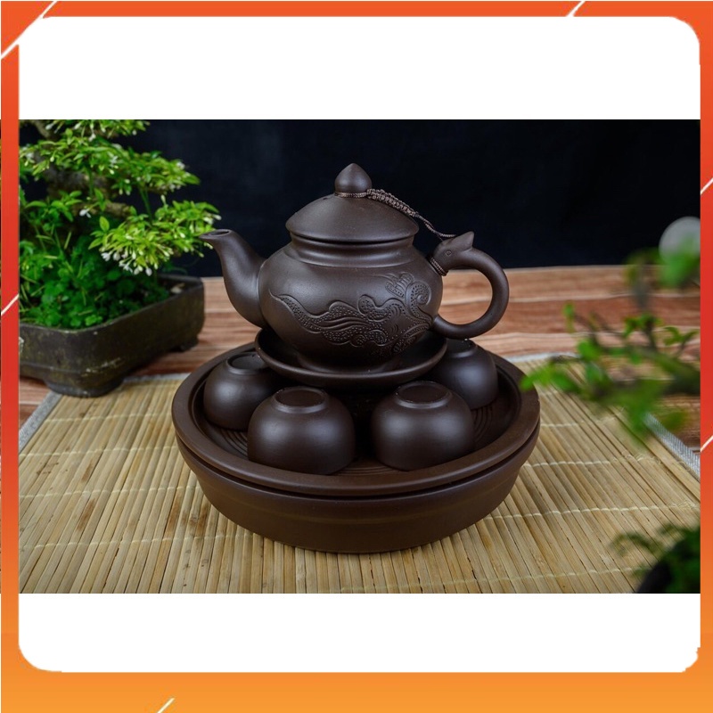 Ấm chén tử sa quai rồng khay thủng Bát Tràng
