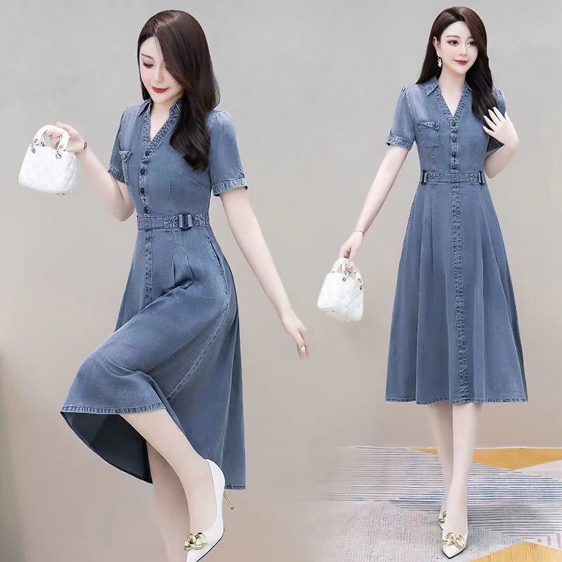 Đầm Denim Dài Tay Ngắn Che Bụng Phong Cách Thời Trang Mới 2022