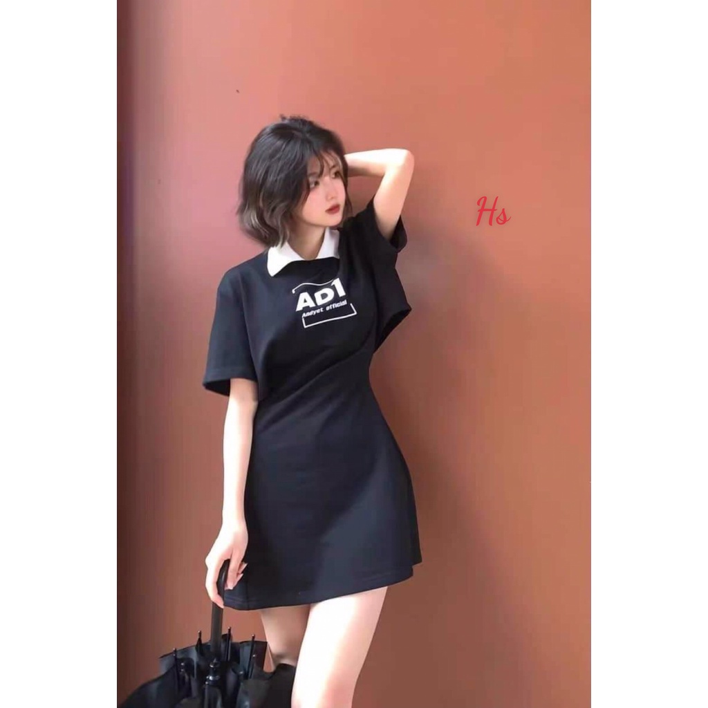 Váy body polo AD1 cổ trắng hở lưng sexy, chất cotton, Rosyhana