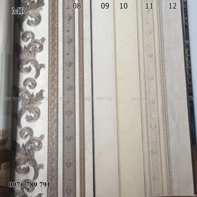 Giấy Dán Tường Hoa Văn Cổ Điển Dải Dọc Cho Phòng Khách Màu Xanh, Vàng, Lụa Không Keo, Khổ 53 cm