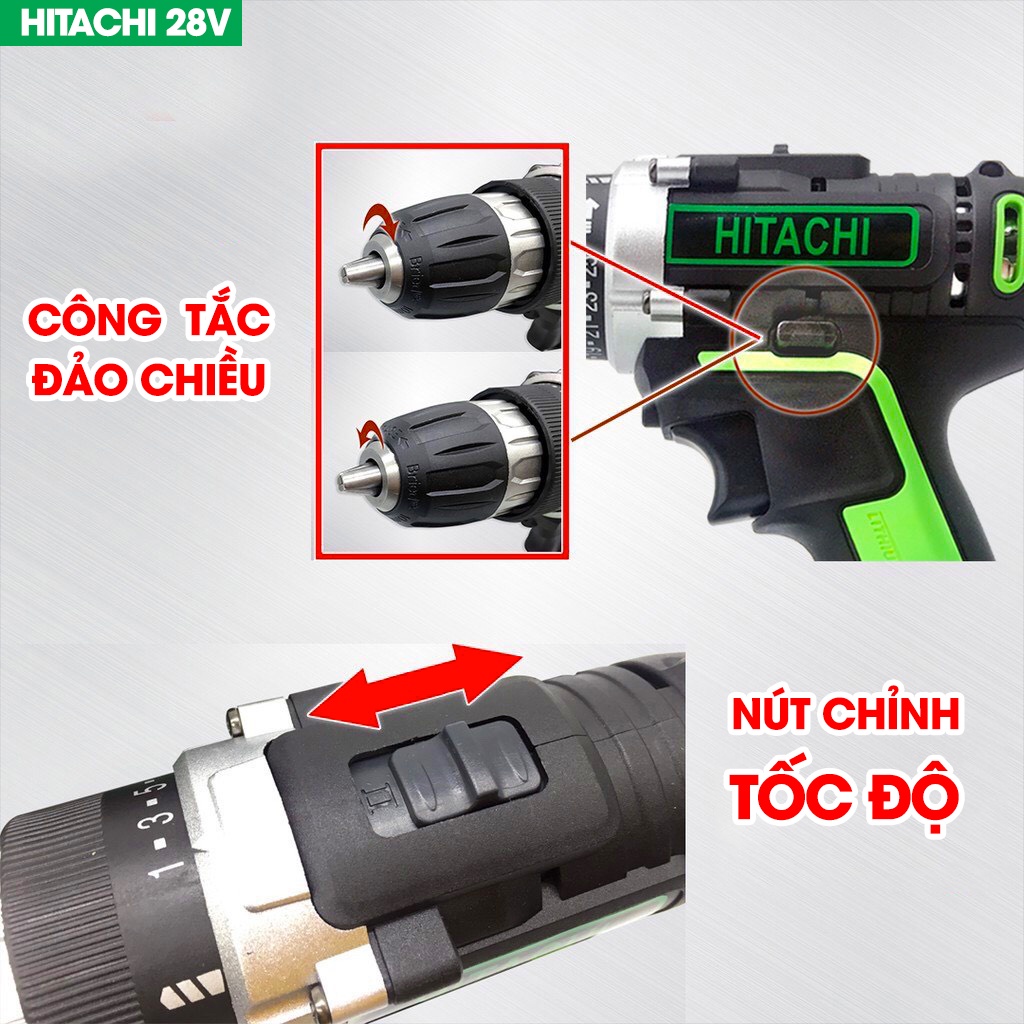 [ĐA NĂNG] Máy Khoan Pin Hitachi Xanh 28V - Bắt Vít Cầm Tay HTC Xanh - 100% Lõi Đồng - Khoan sắt, gỗ đa năng
