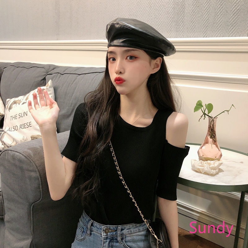 Áo len tay ngắn khoét vai cổ tròn thời trang quyến rũ cho nữ