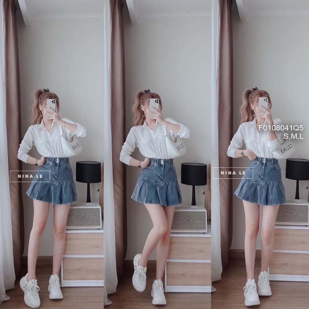 Chân váy jean ngắn đuôi phối xếp ly lưng cao 2 nút hàng đẹp! (kèm hình thật)