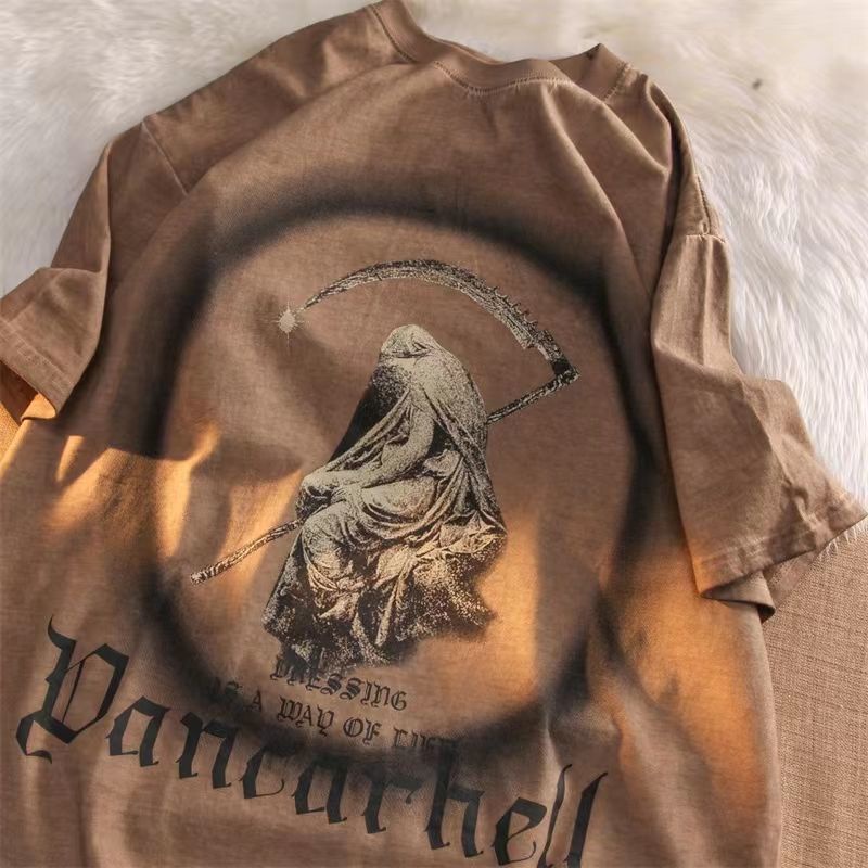 Áo Thun Cotton Tay Ngắn Màu Tối In Họa Tiết Thần Chết Phong Cách Retro Mỹ Thời Trang Cho Nam Và Nữ