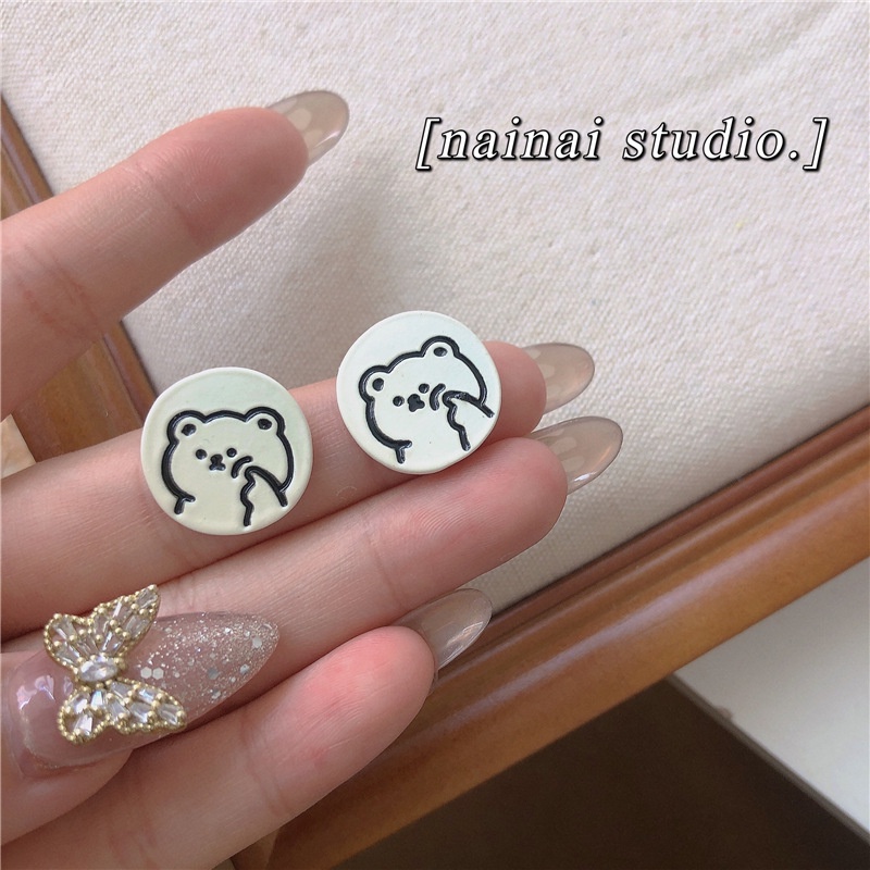 Khuyên Tai Tròn Không Xỏ Xỏ Hình Gấu Trắng Dễ Thương Phong Cách Nhật Bản Hàn Quốc Cho Nữ