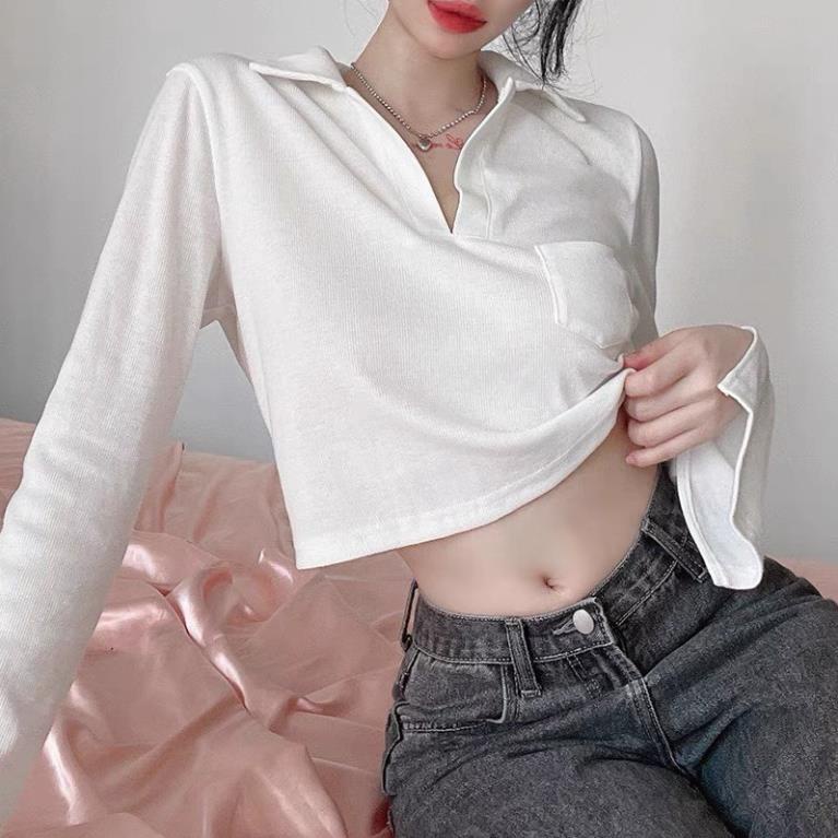 giá rẻ Áo Croptop rt Nữ Cổ V Nữ Dài Tay Cổ Bẻ Freeesize Dưới 59kg Mặc Đẹp | BigBuy360 - bigbuy360.vn