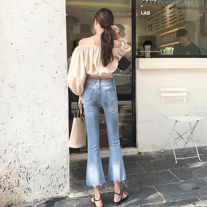 Quần jeans nữ ống loe lưng cao dáng ôm Emilyshop