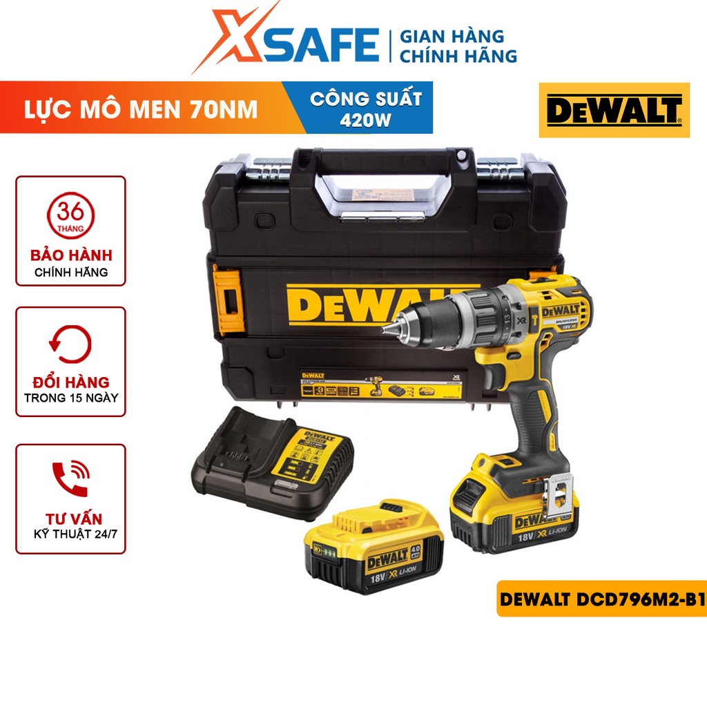 Máy khoan vặn vít động lực DeWalt DCD796M2-B1 18V Thiết kế gọn nhẹ, động cơ không chổi than công suất cực mạnh 460W