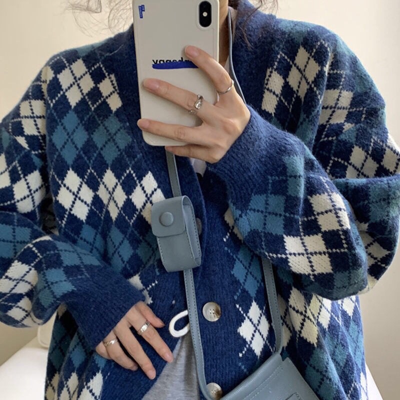 Áo khoác cardigan len hoạ tiết kẻ ô quả trám phong cách Hàn Quốc vintage thu đông
