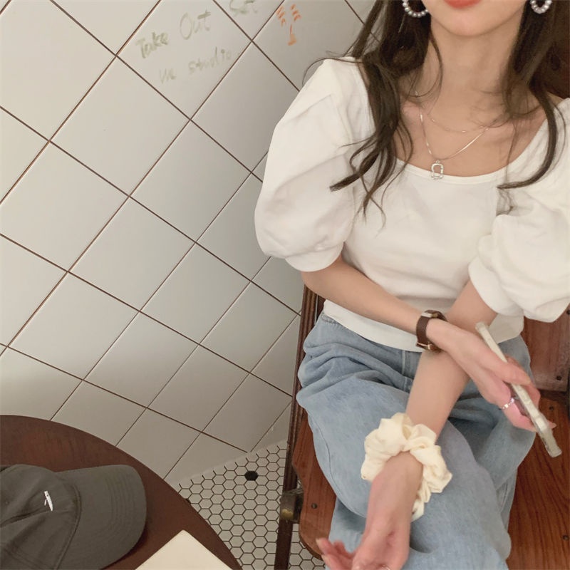 Áo Kiểu Tay Phồng Ngắn Hở Lưng Thắt Nơ Phong Cách Pháp 2022 Quyến Rũ Cho Nữ