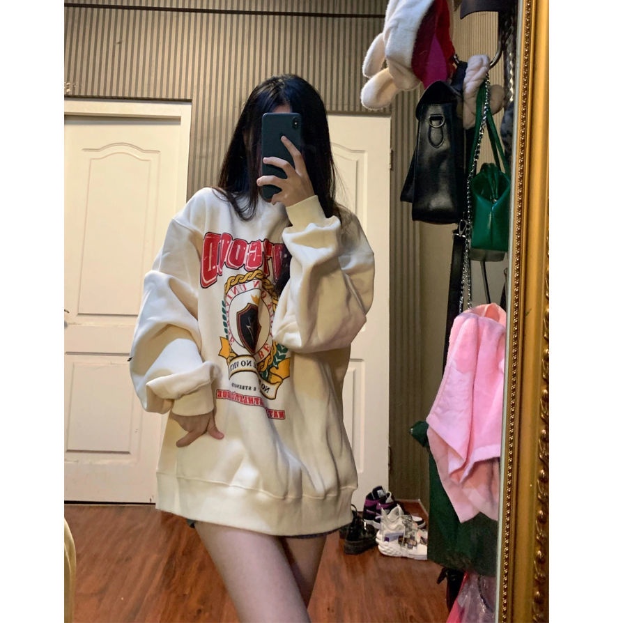 Áo Sweater Dáng Rộng In Họa Tiết Màu Vàng Sữa Phong Cách Hàn Quốc Dễ Phối Đồ