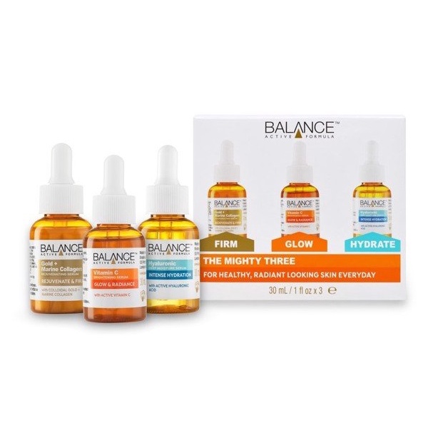 Bộ 03 serum sáng da, dưỡng ẩm và ngăn ngừa lão hóa Balance Active Skincare The Mighty Three (3x30ml)