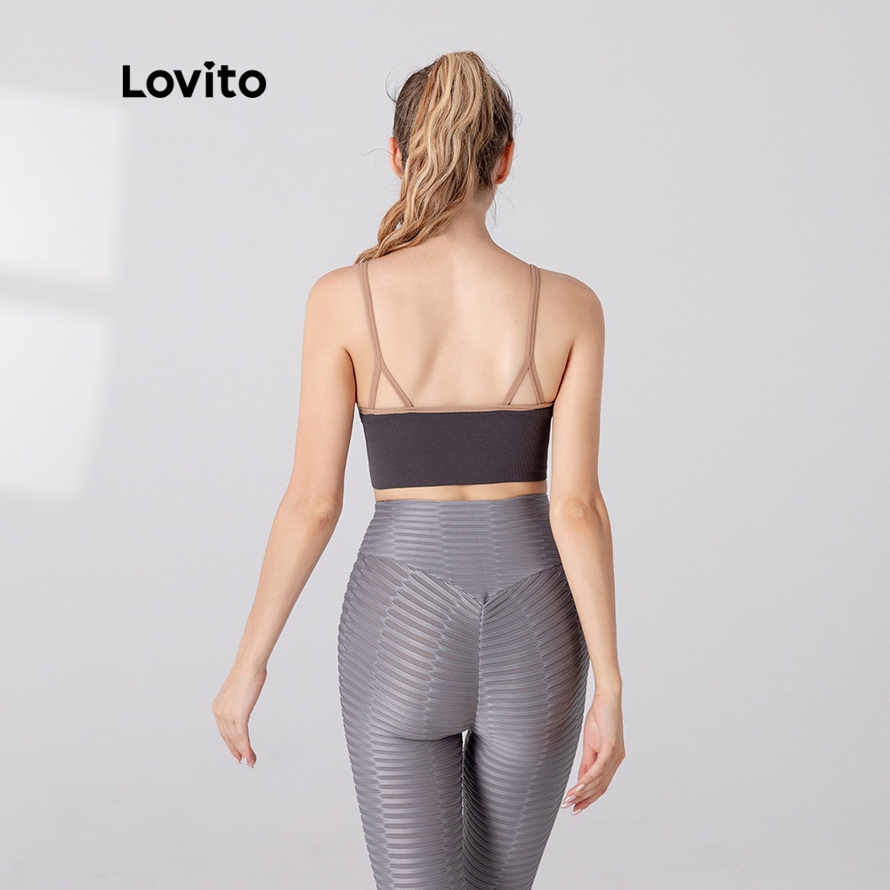 Yoga dây kéo tương phản hai mảnh Lovito áo ngực L05220 (Xám / Xanh dương)
